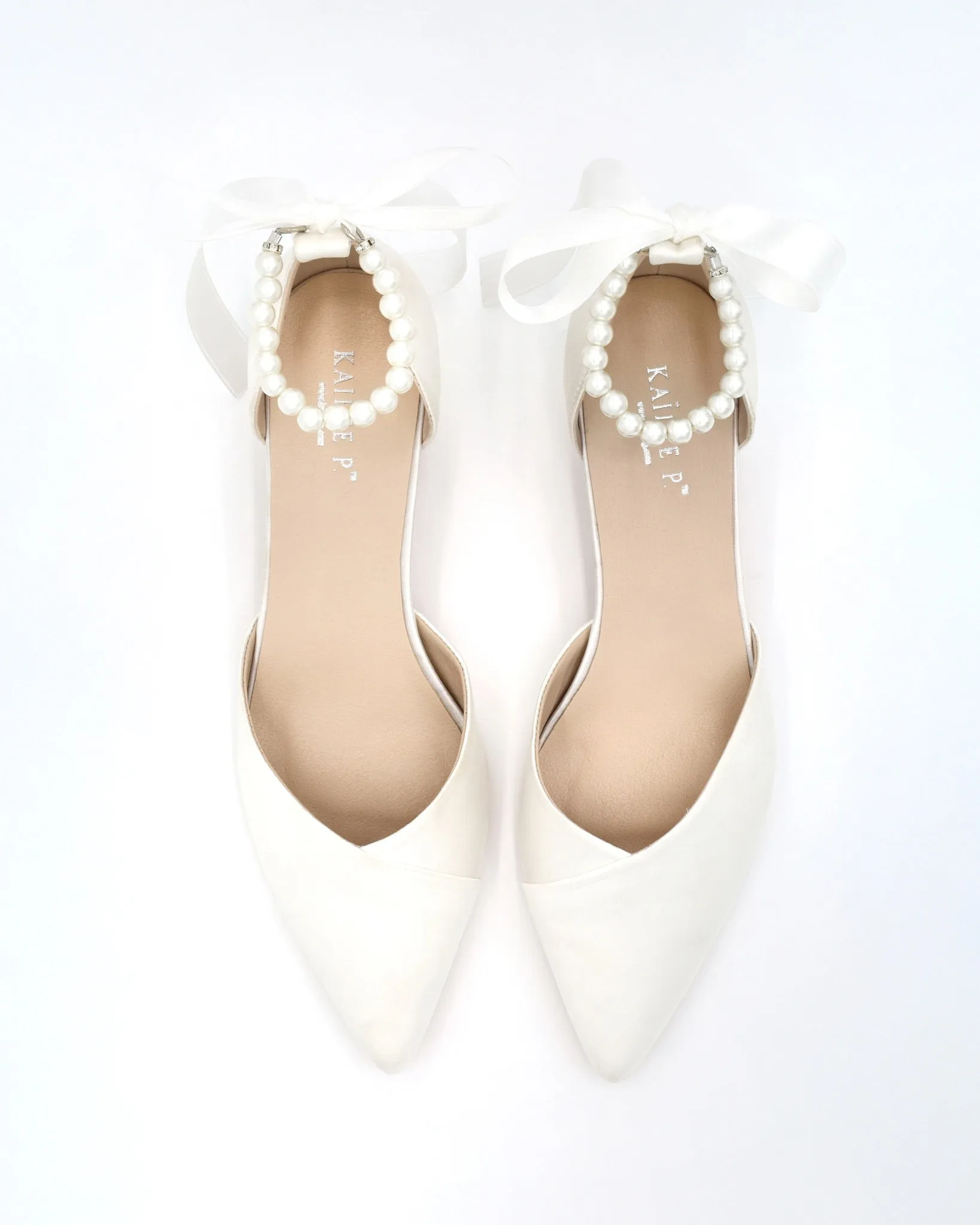 Satin Pointy Toe Low Block Heels Wedding Shoes with All Pearls Ankle Strap