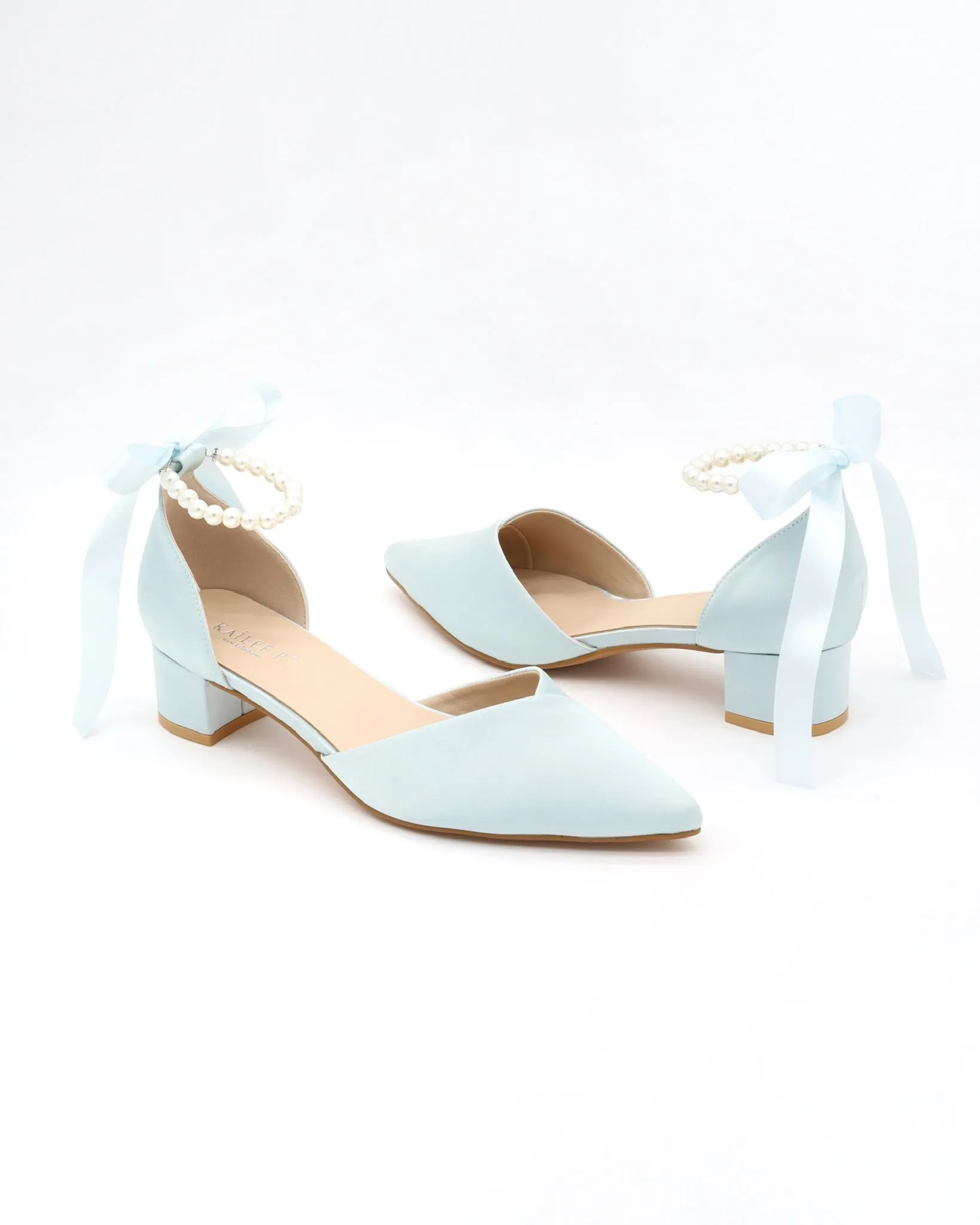 Satin Pointy Toe Low Block Heels Wedding Shoes with All Pearls Ankle Strap