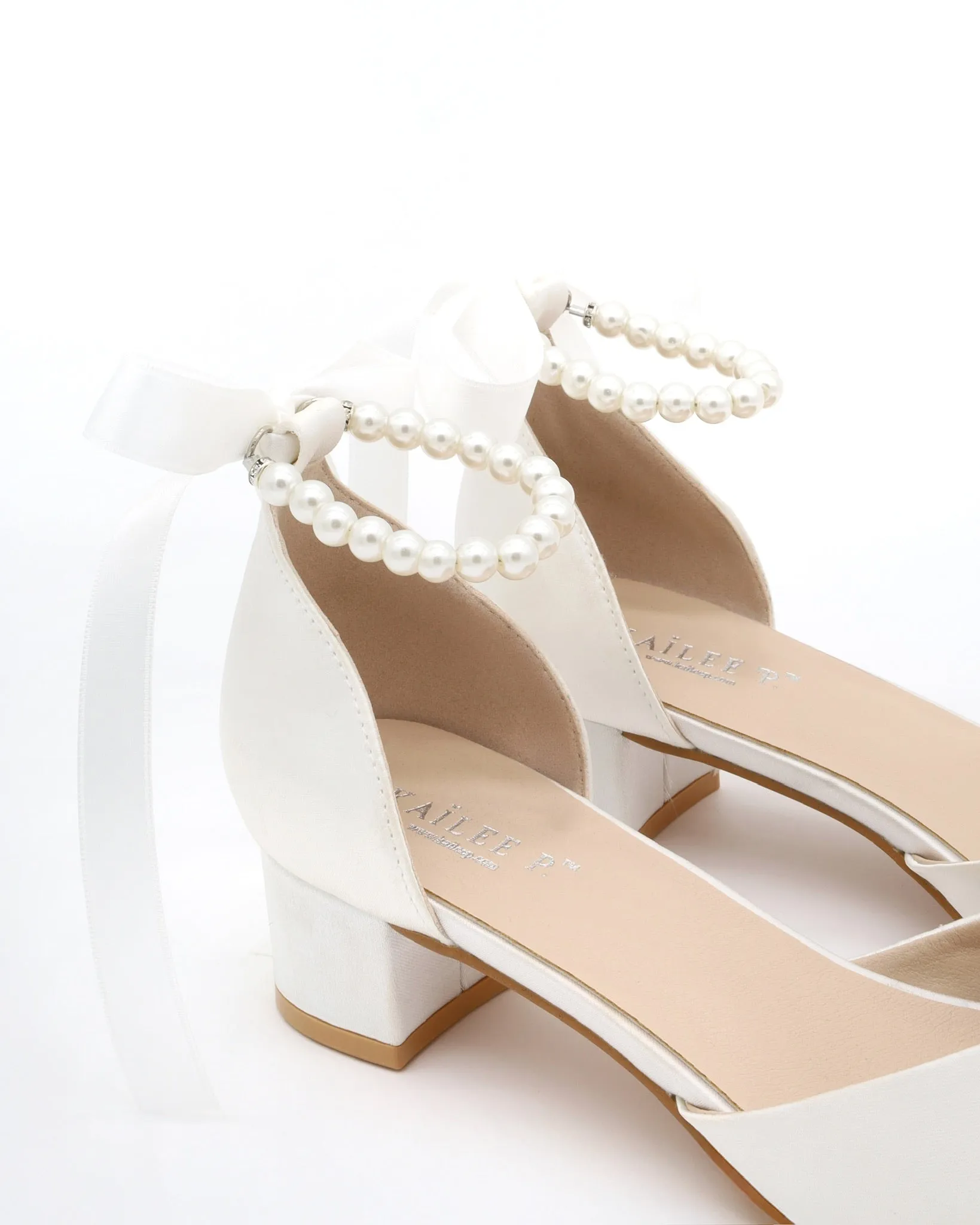 Satin Pointy Toe Low Block Heels Wedding Shoes with All Pearls Ankle Strap