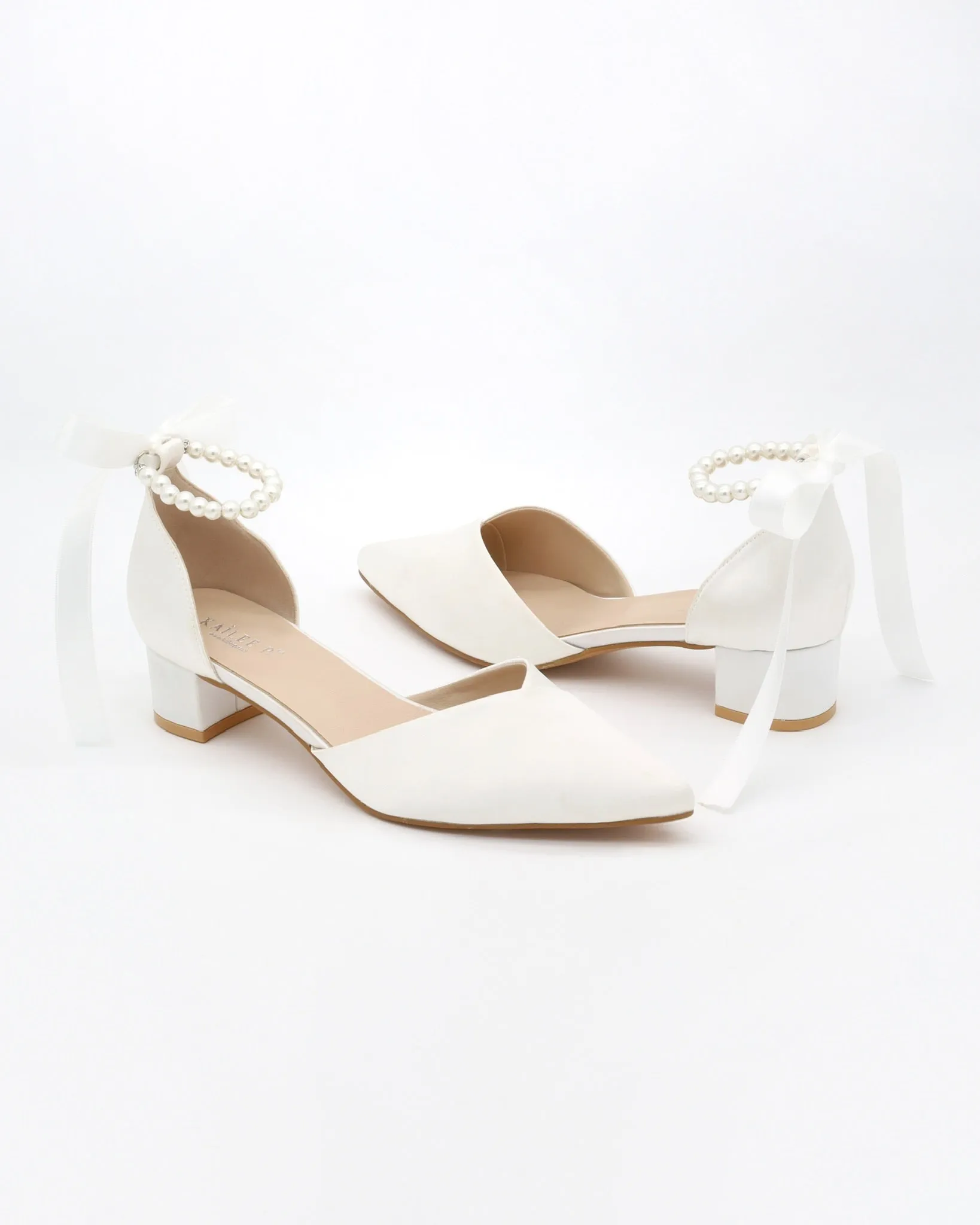 Satin Pointy Toe Low Block Heels Wedding Shoes with All Pearls Ankle Strap