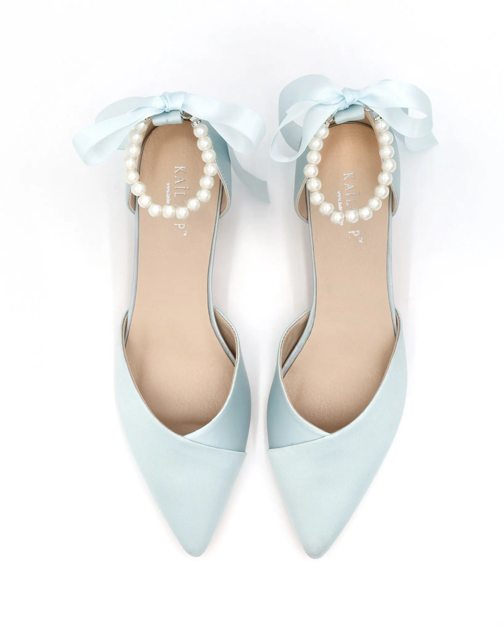 Satin Pointy Toe Low Block Heels Wedding Shoes with All Pearls Ankle Strap