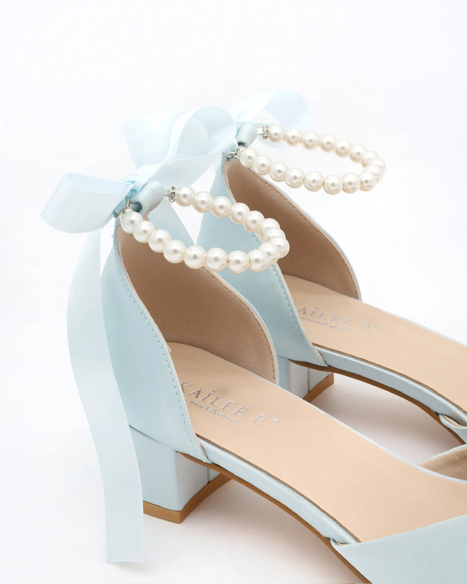Satin Pointy Toe Low Block Heels Wedding Shoes with All Pearls Ankle Strap