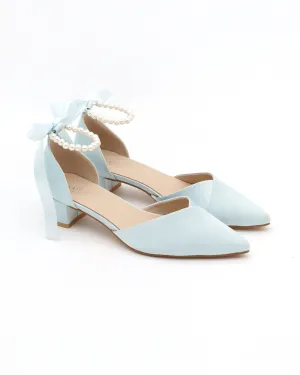 Satin Pointy Toe Low Block Heels Wedding Shoes with All Pearls Ankle Strap