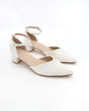 Satin Pointy Toe Low Block Heels Wedding Shoes with Mini Pearls