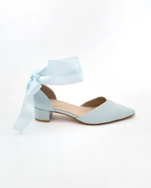 Satin Pointy Toe Low Block Heels Wedding Shoes with Wrapped Ribbon Tie