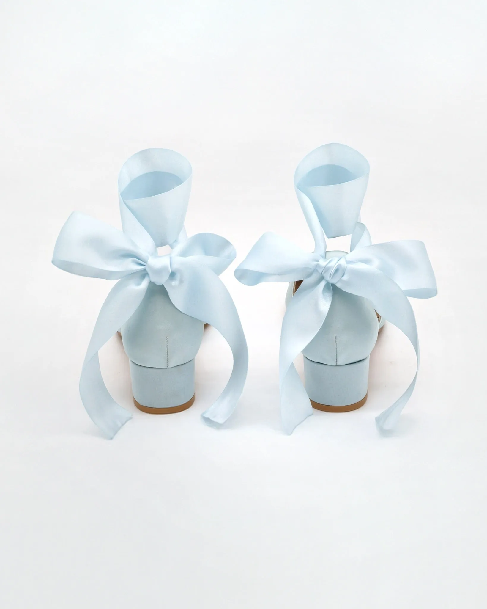 Satin Pointy Toe Low Block Heels Wedding Shoes with Wrapped Ribbon Tie