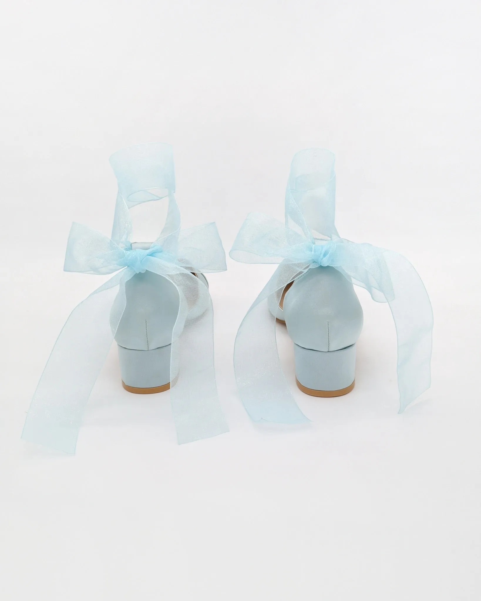 Satin Pointy Toe Low Block Heels Wedding Shoes with Wrapped Ribbon Tie