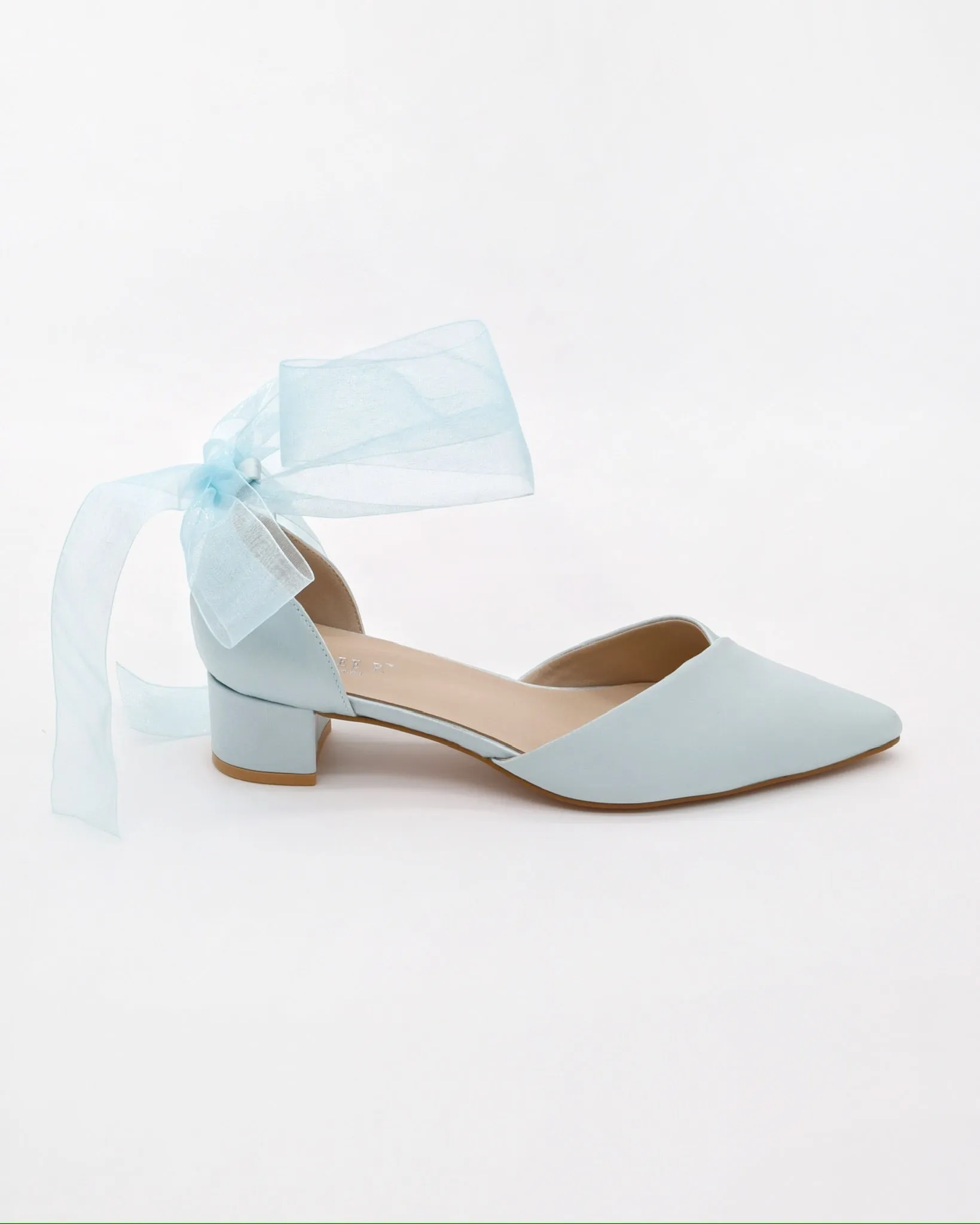 Satin Pointy Toe Low Block Heels Wedding Shoes with Wrapped Ribbon Tie