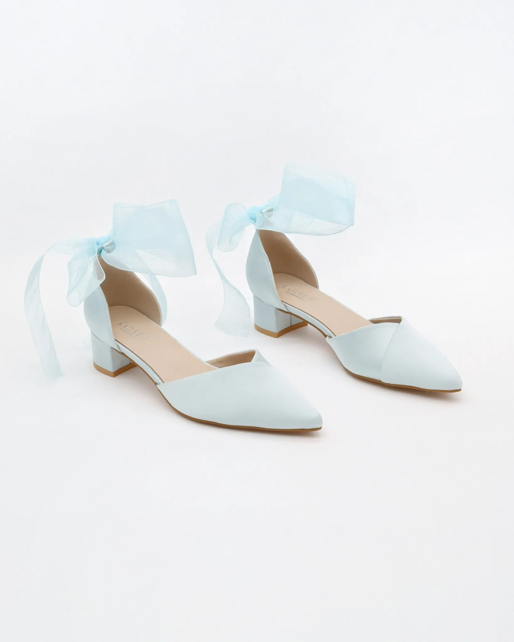 Satin Pointy Toe Low Block Heels Wedding Shoes with Wrapped Ribbon Tie