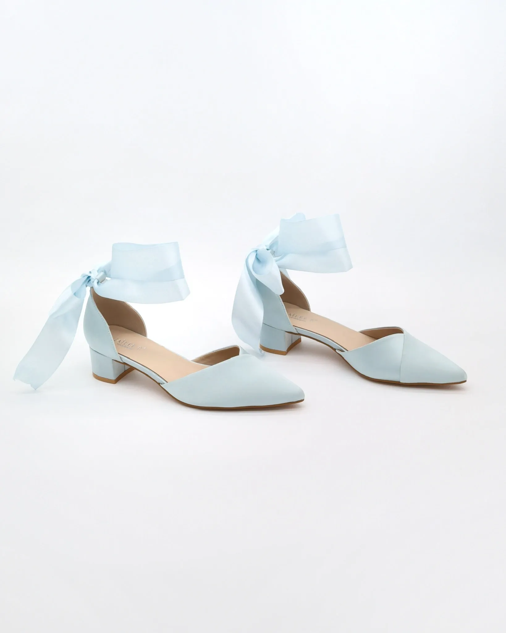 Satin Pointy Toe Low Block Heels Wedding Shoes with Wrapped Ribbon Tie