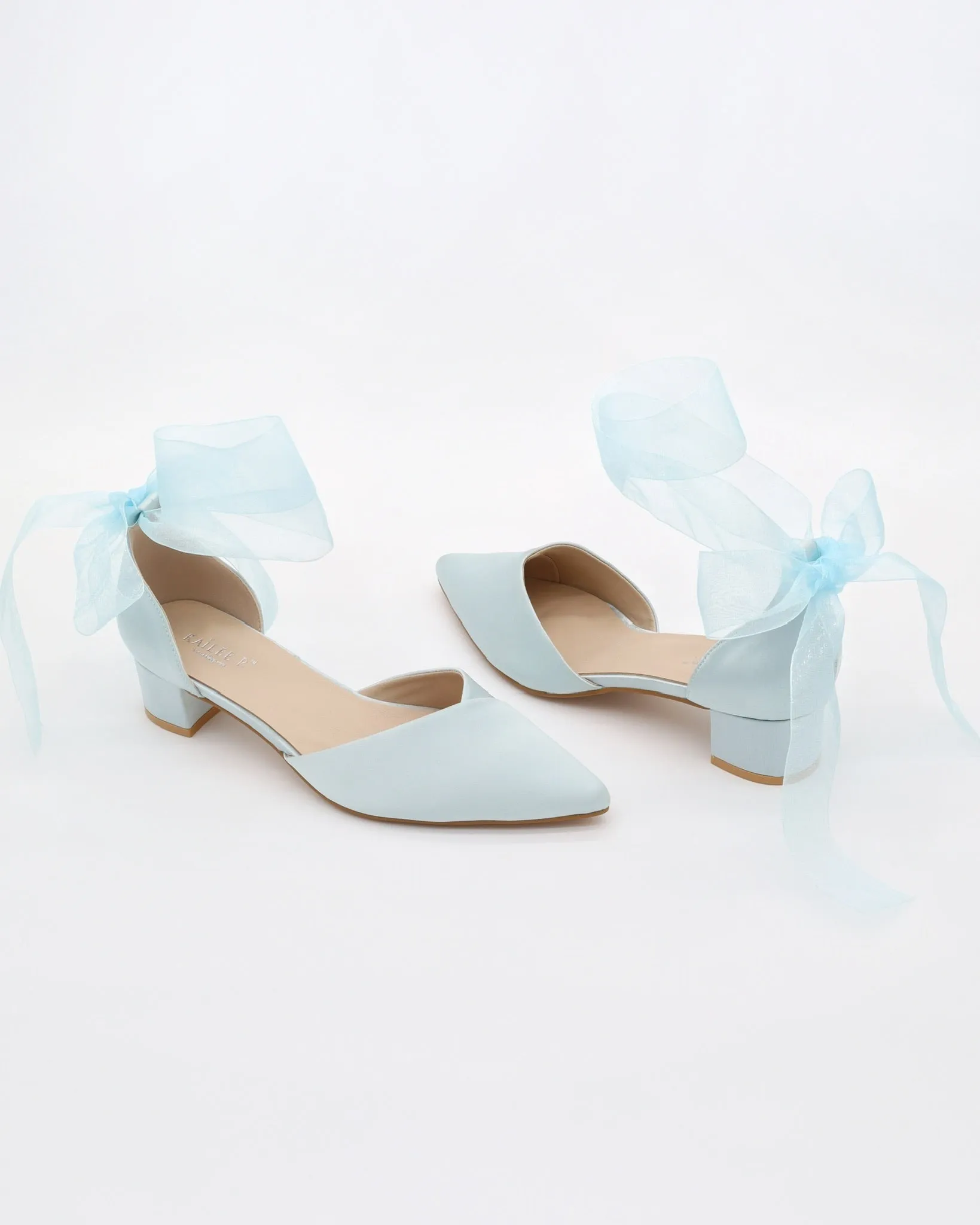 Satin Pointy Toe Low Block Heels Wedding Shoes with Wrapped Ribbon Tie