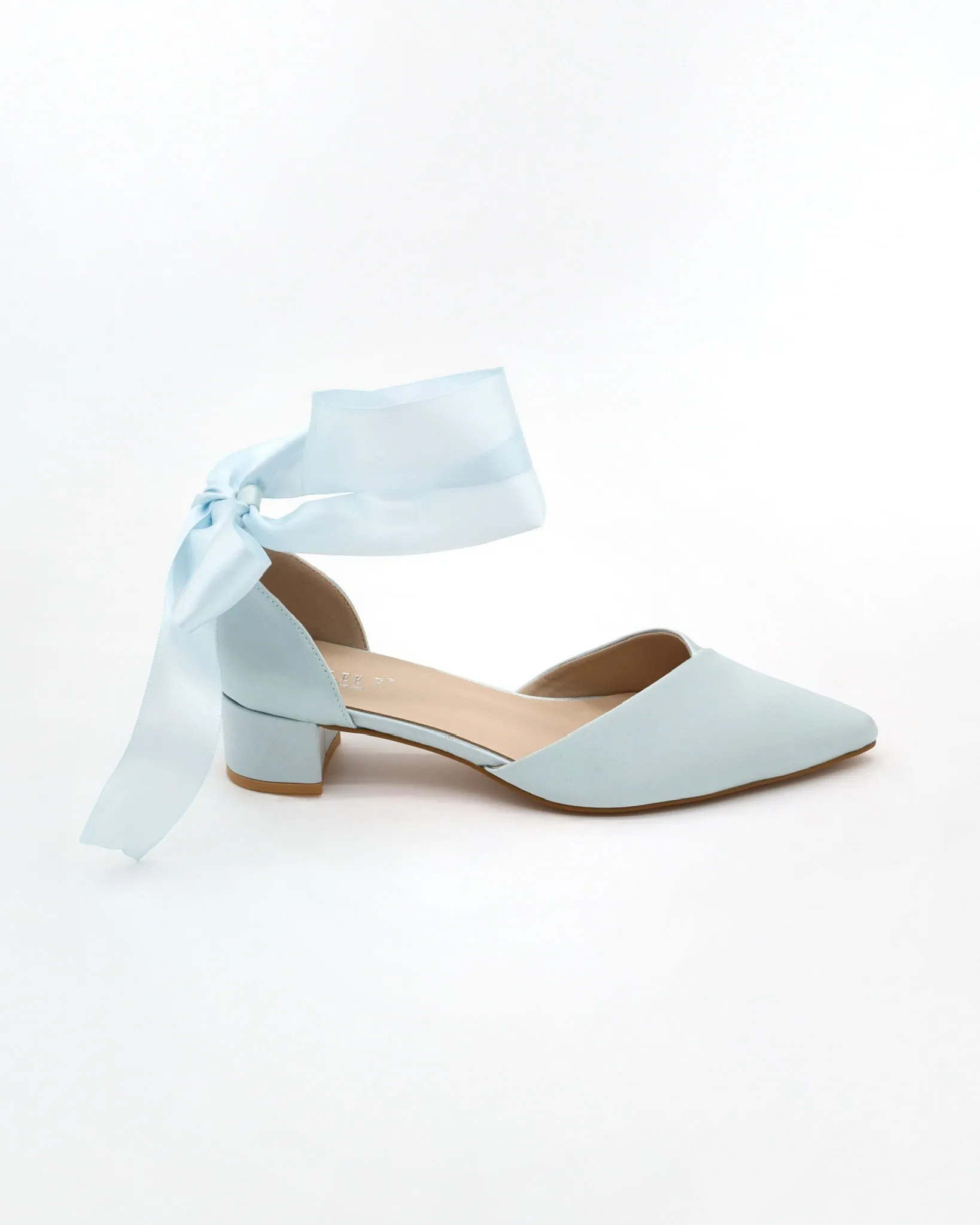 Satin Pointy Toe Low Block Heels Wedding Shoes with Wrapped Ribbon Tie