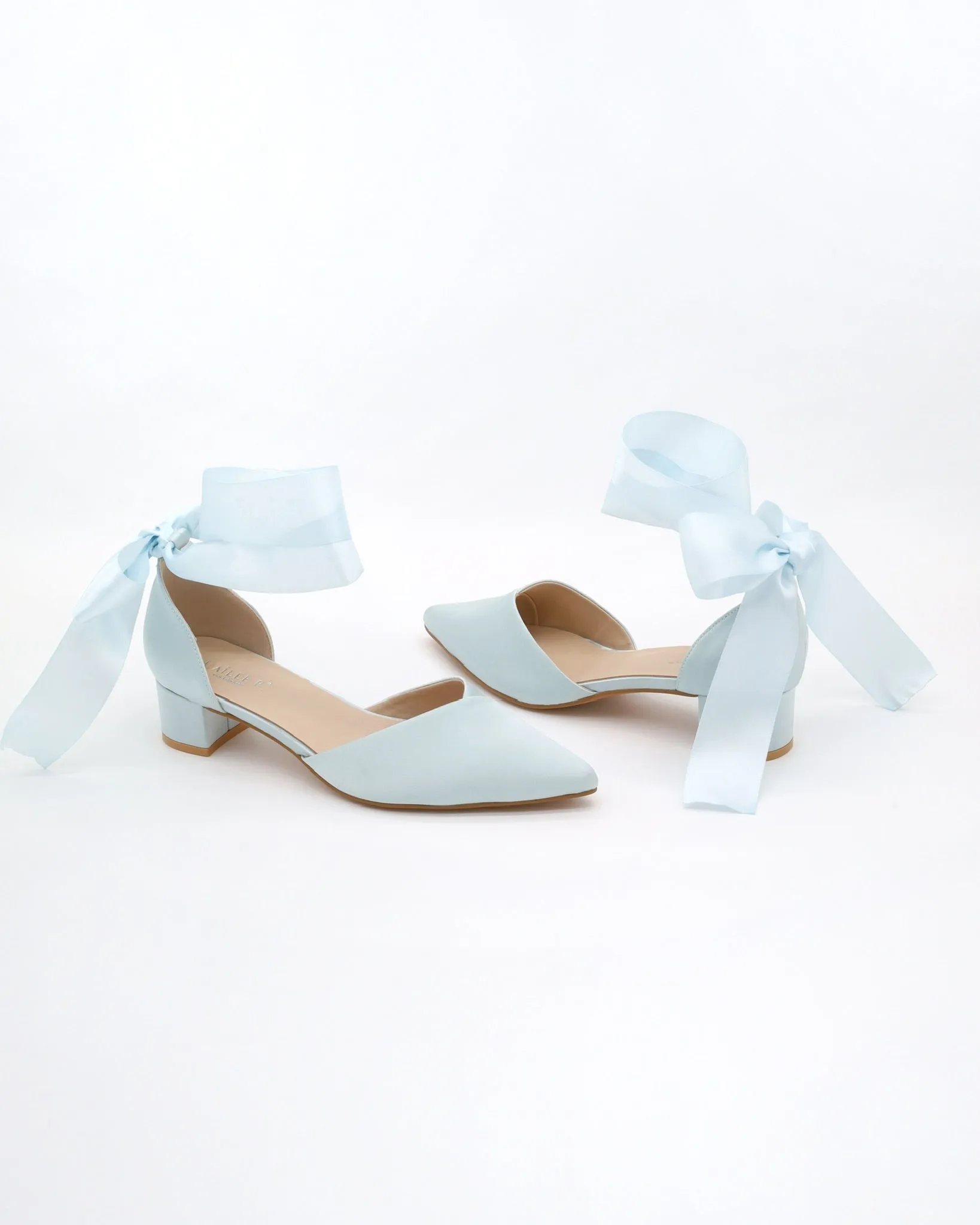 Satin Pointy Toe Low Block Heels Wedding Shoes with Wrapped Ribbon Tie