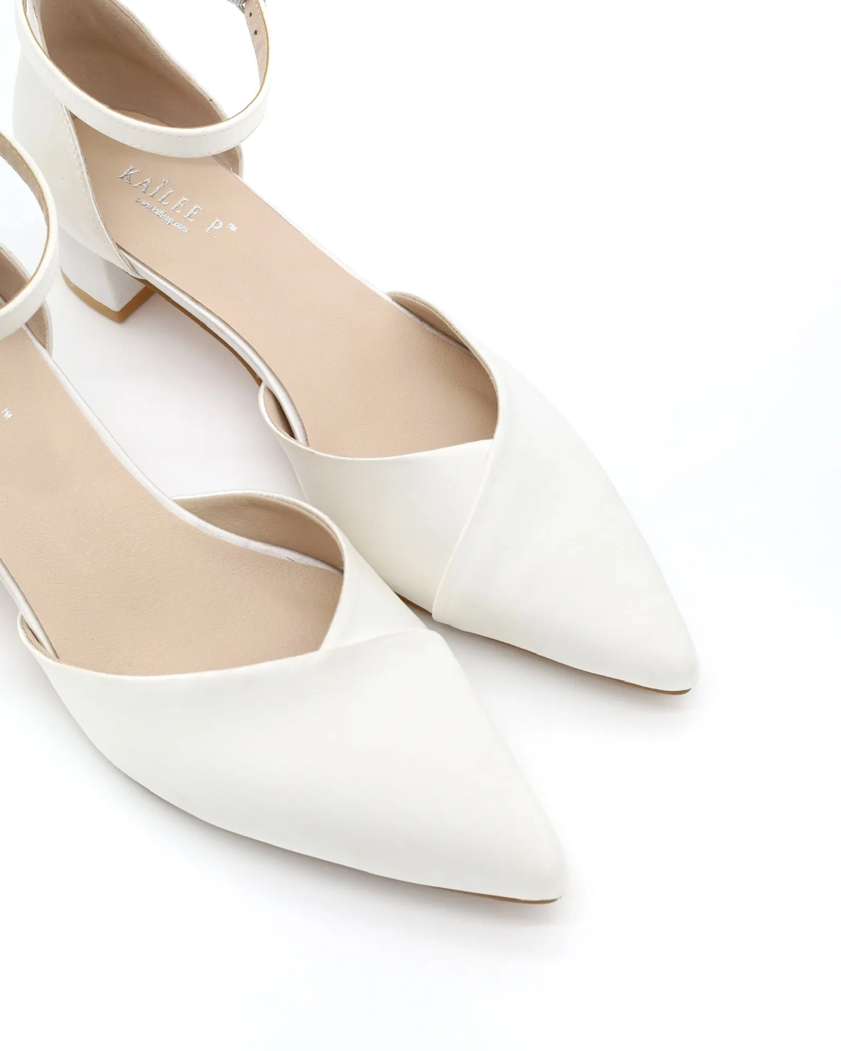 Satin Pointy Toe Low Block Heels Wedding Shoes