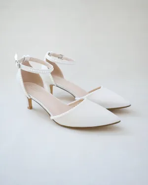 Satin Pointy Toe Low Heels with Mini Pearls