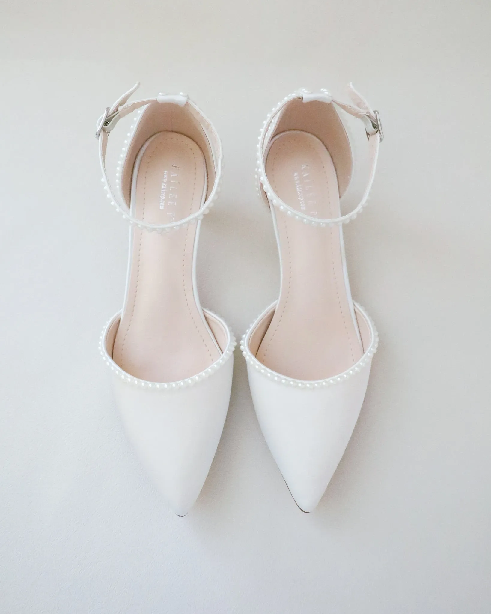 Satin Pointy Toe Low Heels with Mini Pearls