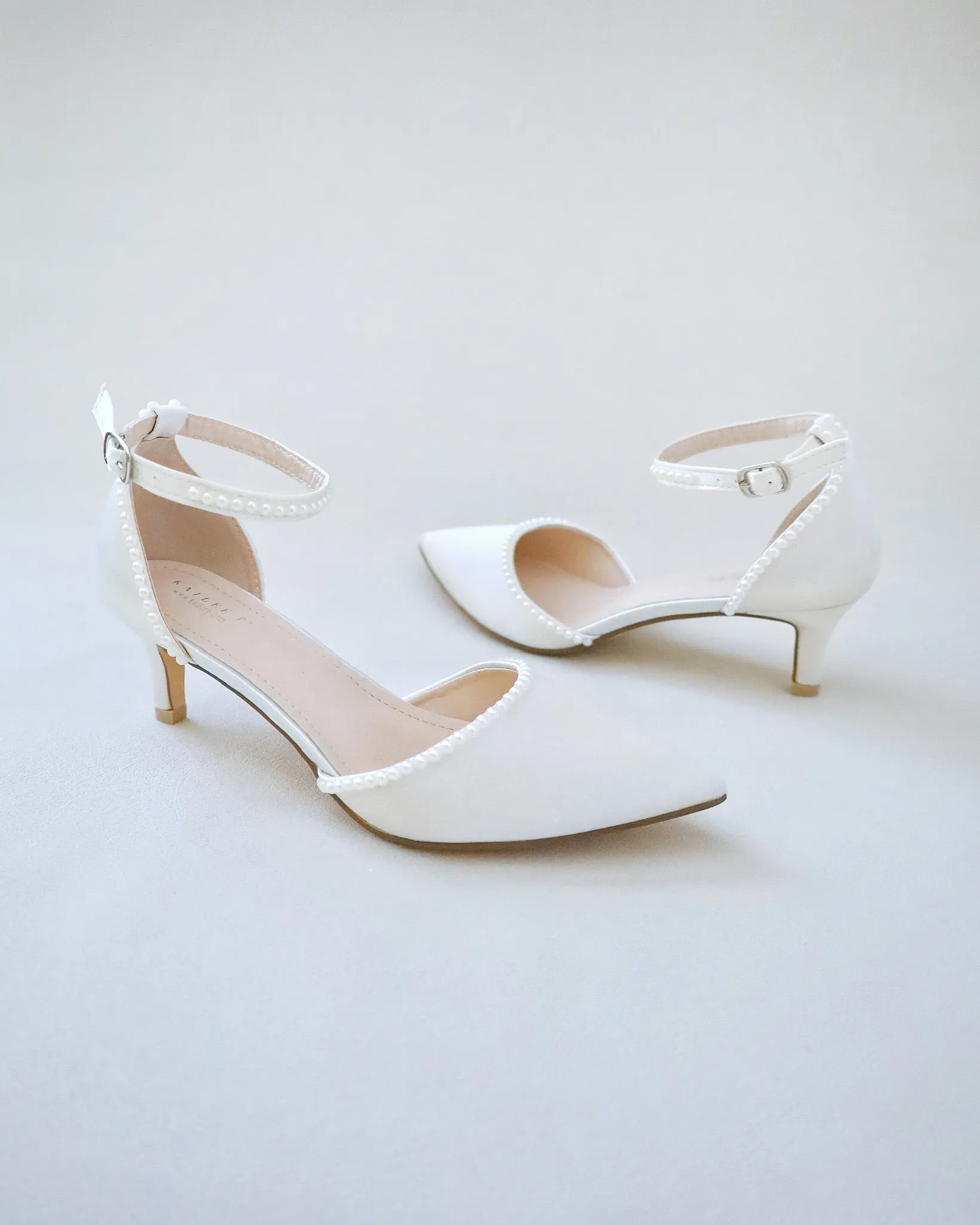 Satin Pointy Toe Low Heels with Mini Pearls