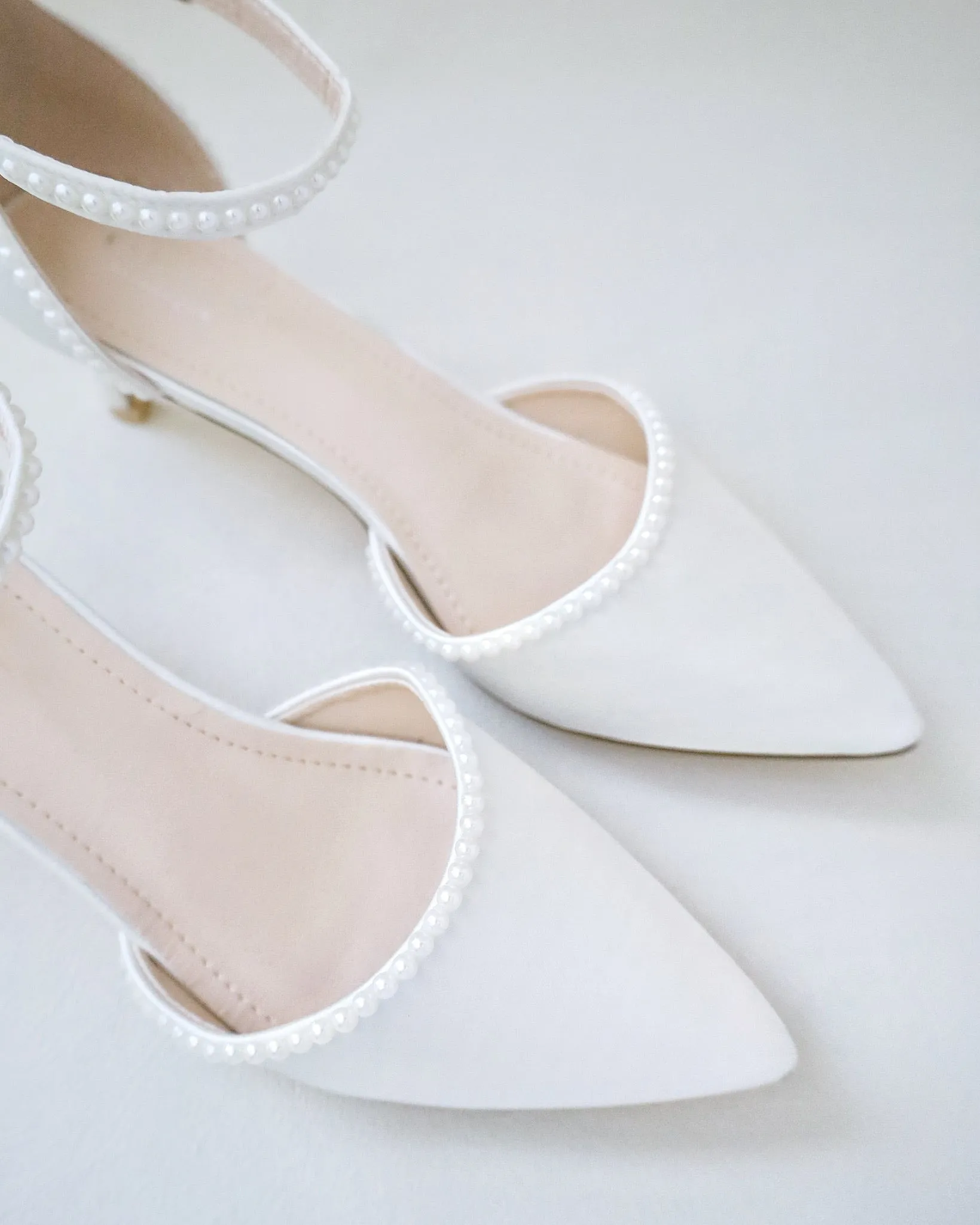 Satin Pointy Toe Low Heels with Mini Pearls