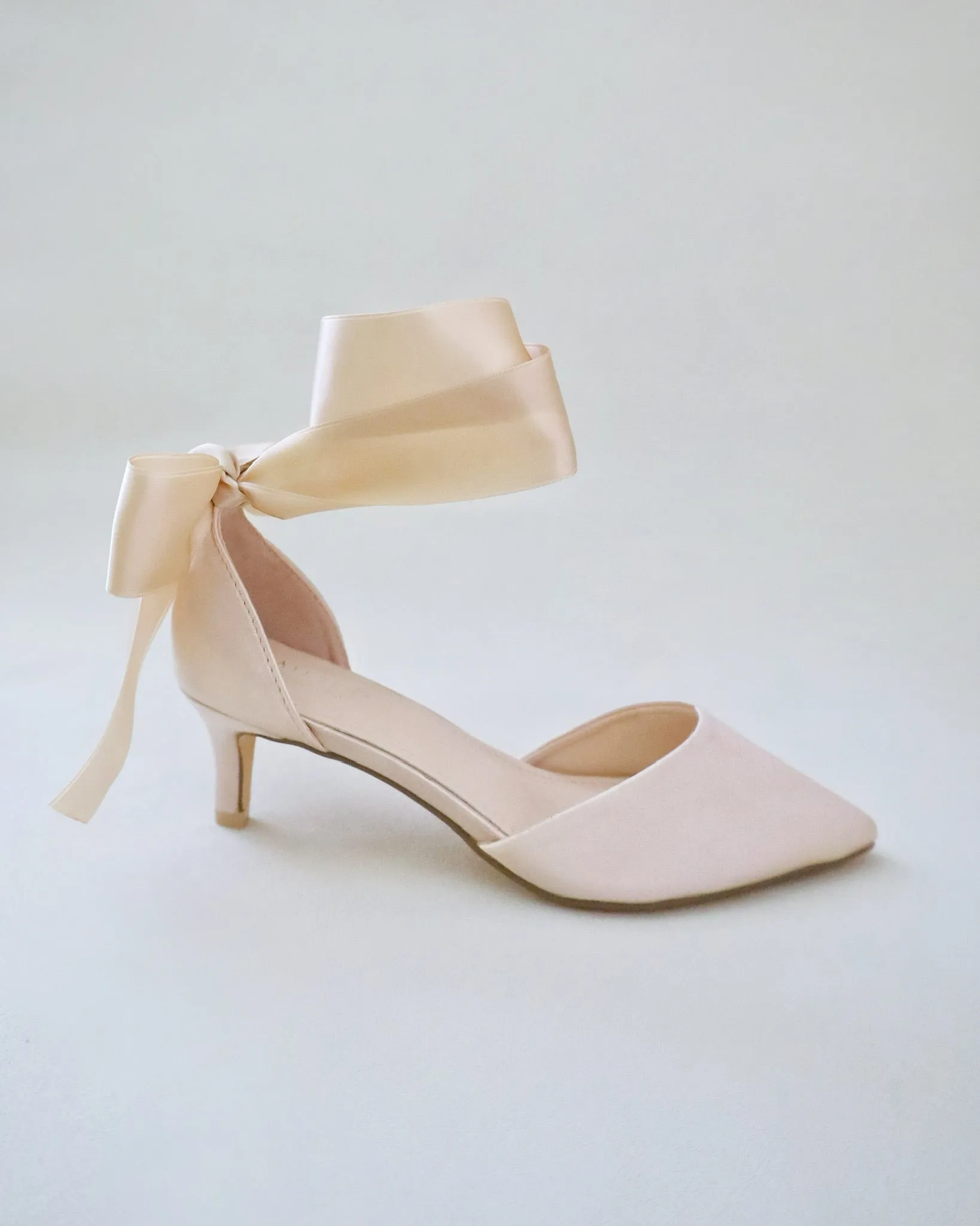 Satin Pointy Toe Low Heels with Wrapped Ankle Tie