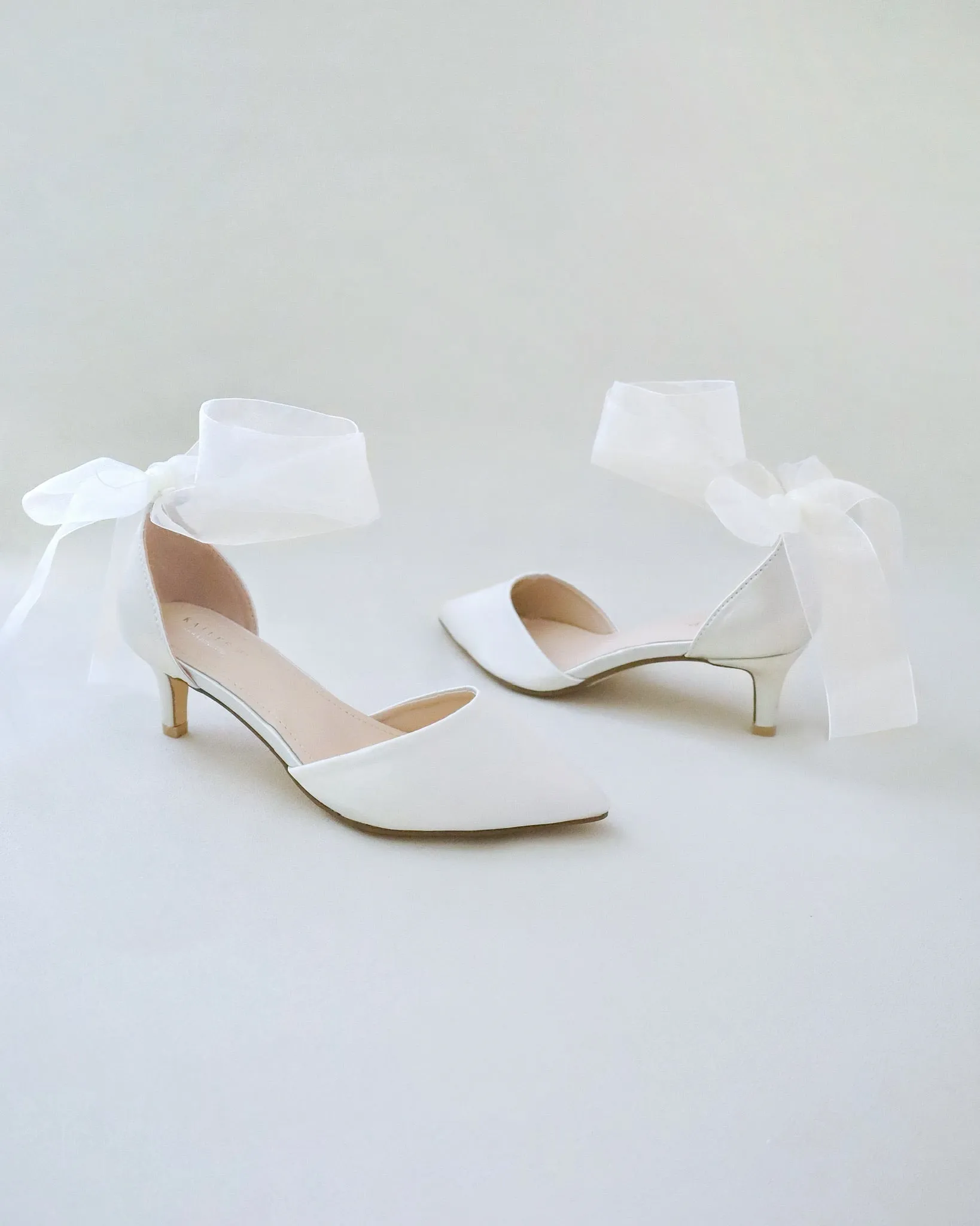Satin Pointy Toe Low Heels with Wrapped Ankle Tie