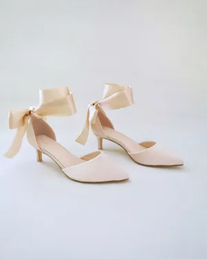 Satin Pointy Toe Low Heels with Wrapped Ankle Tie