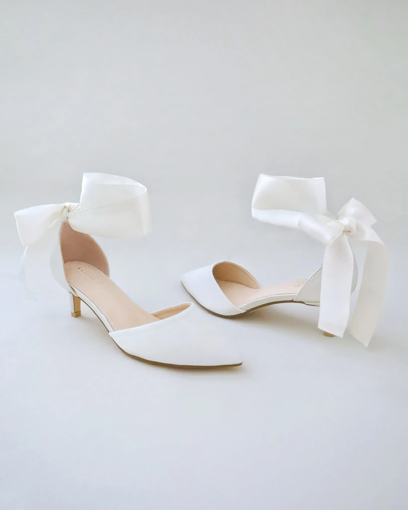 Satin Pointy Toe Low Heels with Wrapped Ankle Tie