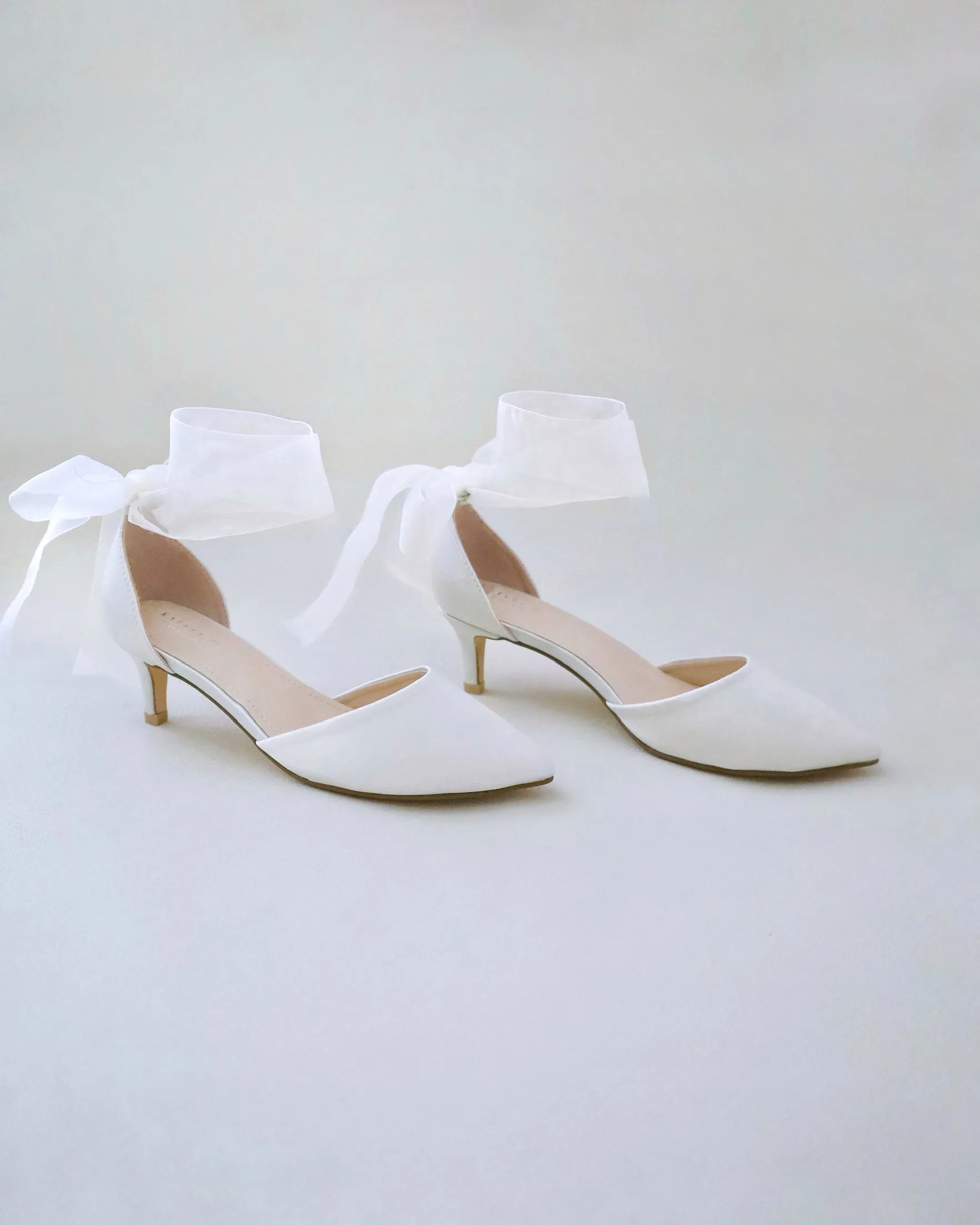 Satin Pointy Toe Low Heels with Wrapped Ankle Tie