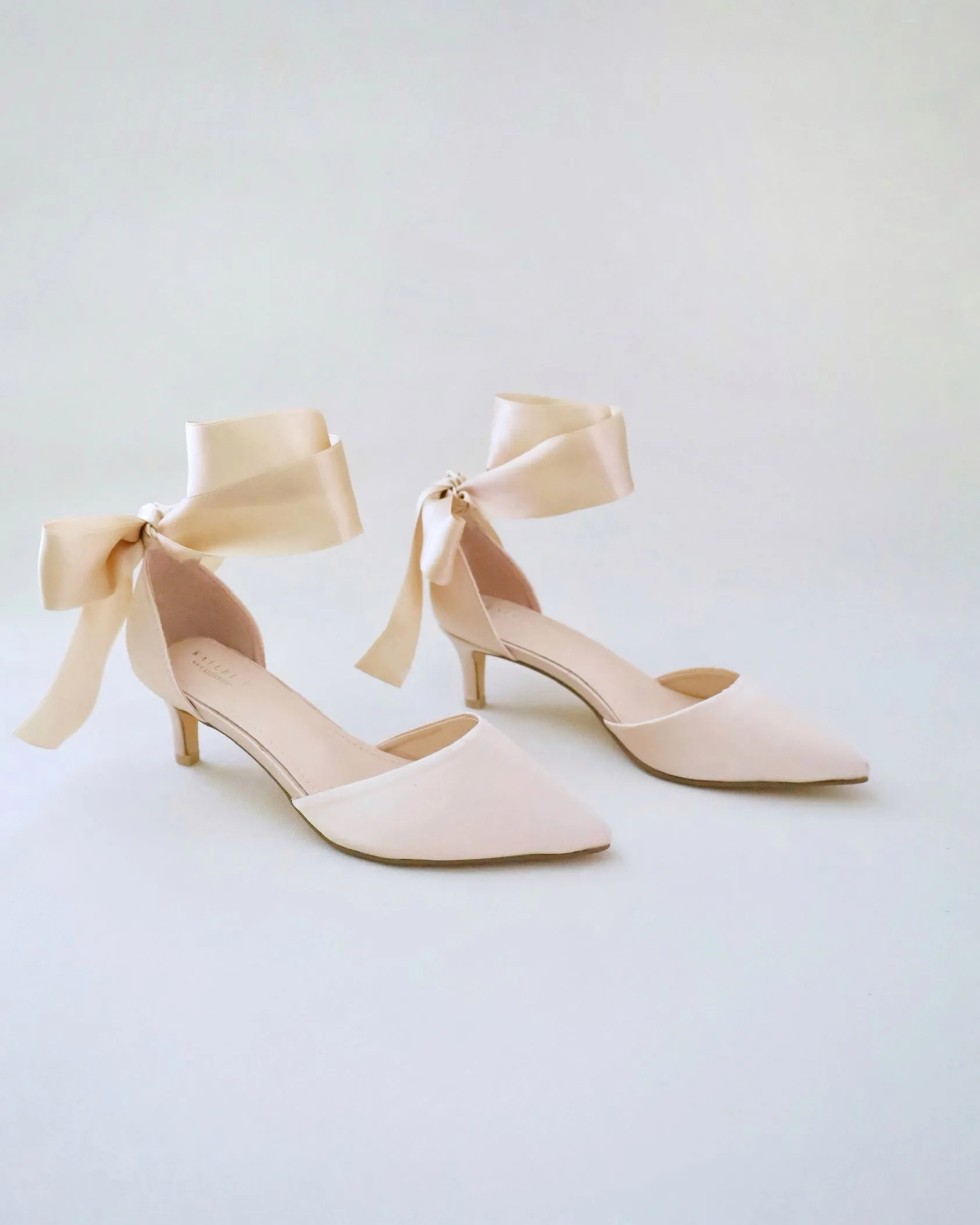 Satin Pointy Toe Low Heels with Wrapped Ankle Tie