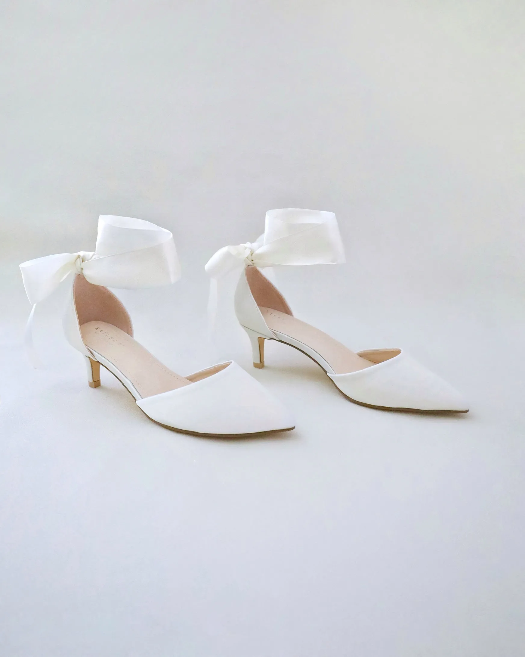Satin Pointy Toe Low Heels with Wrapped Ankle Tie