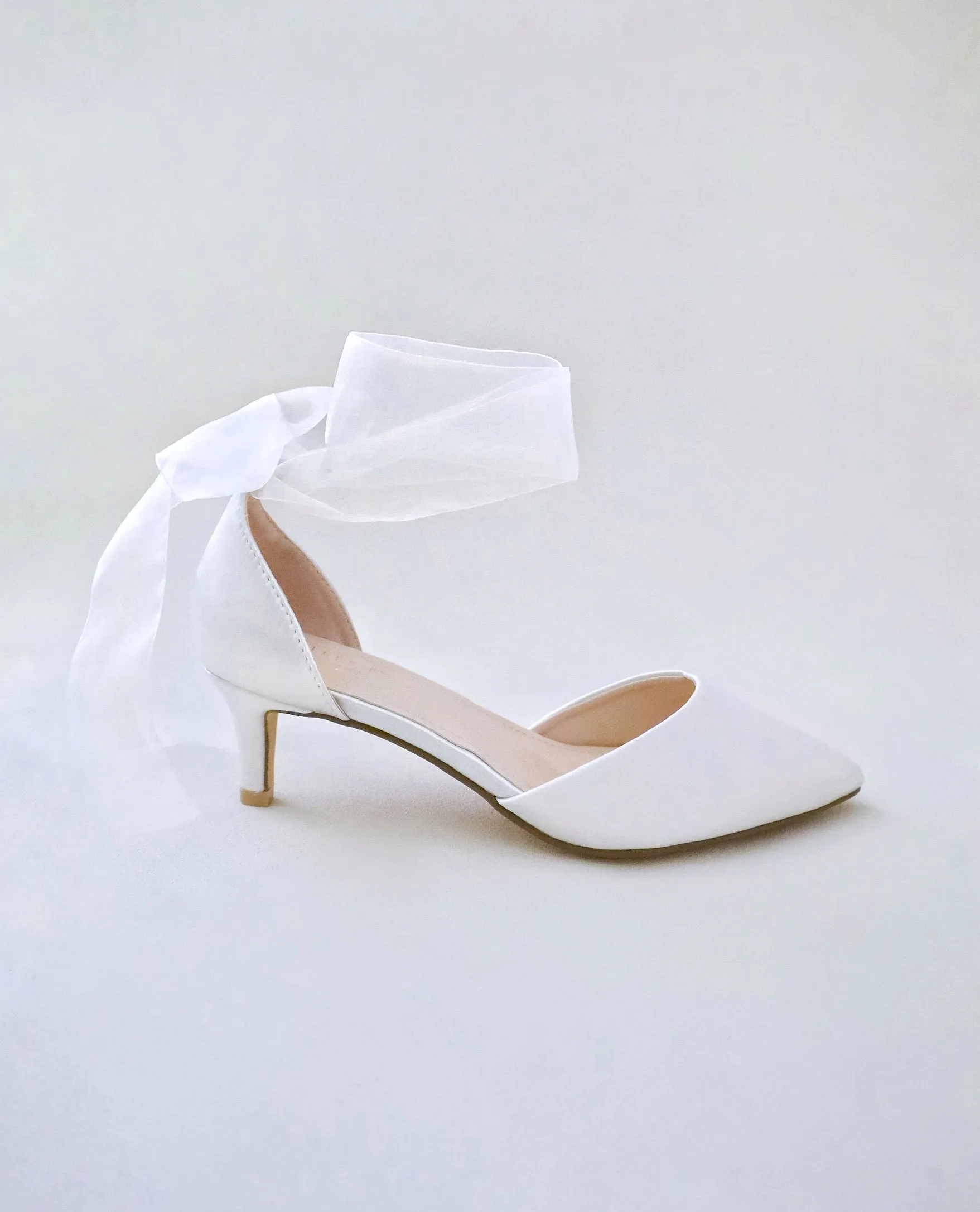 Satin Pointy Toe Low Heels with Wrapped Ankle Tie