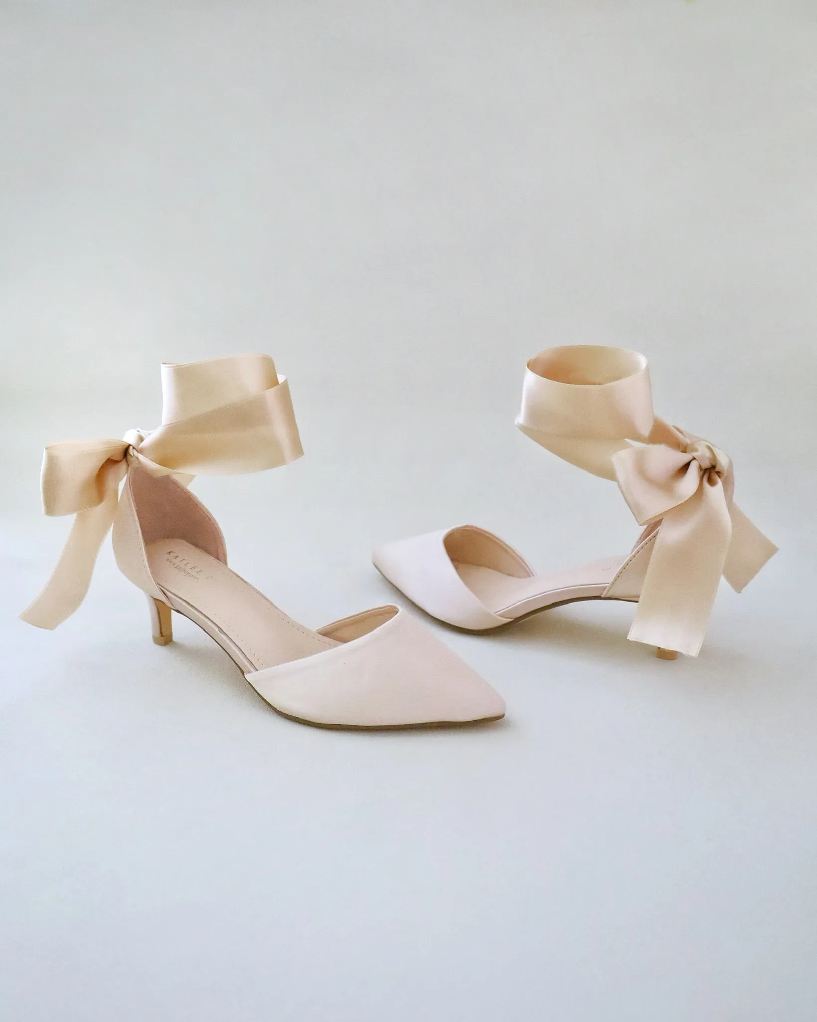 Satin Pointy Toe Low Heels with Wrapped Ankle Tie