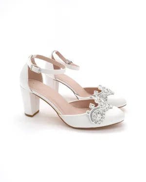 Satin Wedding Block Heel with Small Rhinestones Applique