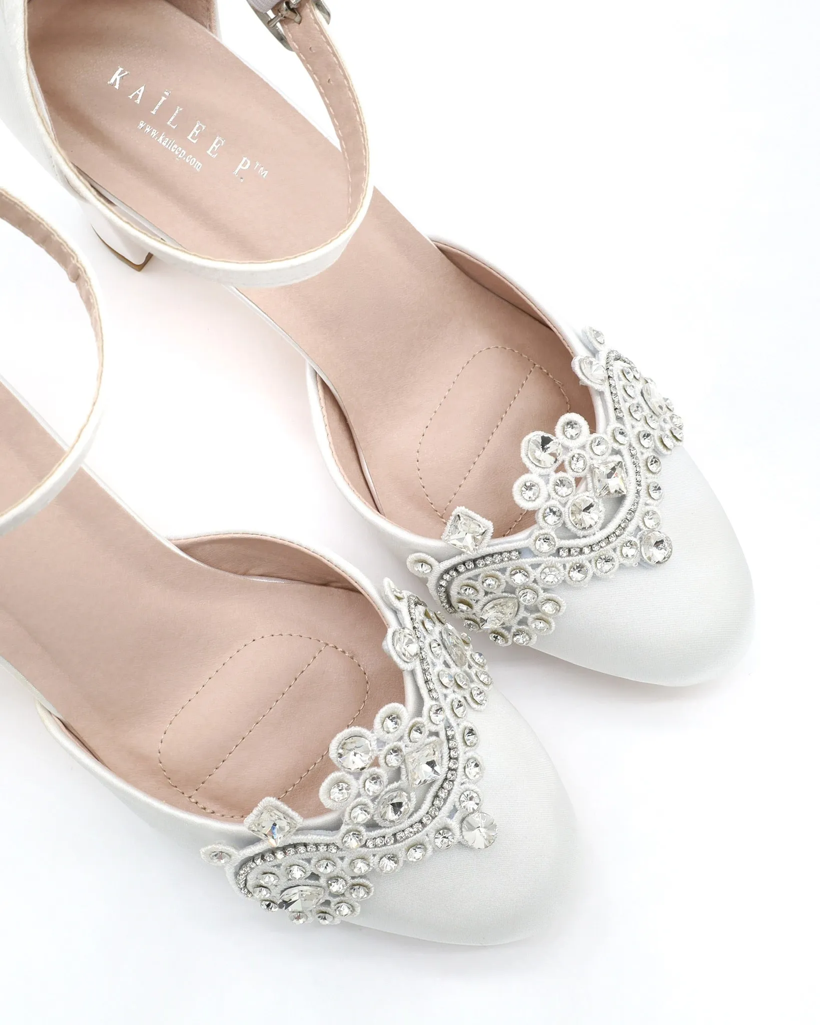 Satin Wedding Block Heel with Small Rhinestones Applique