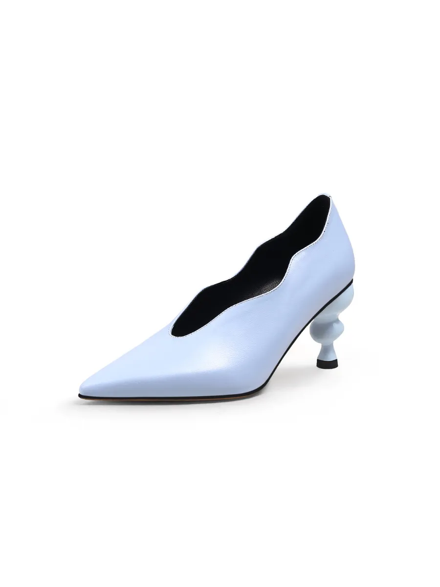 Scalloped Edge Kettle Heel Leather Pump - Blue