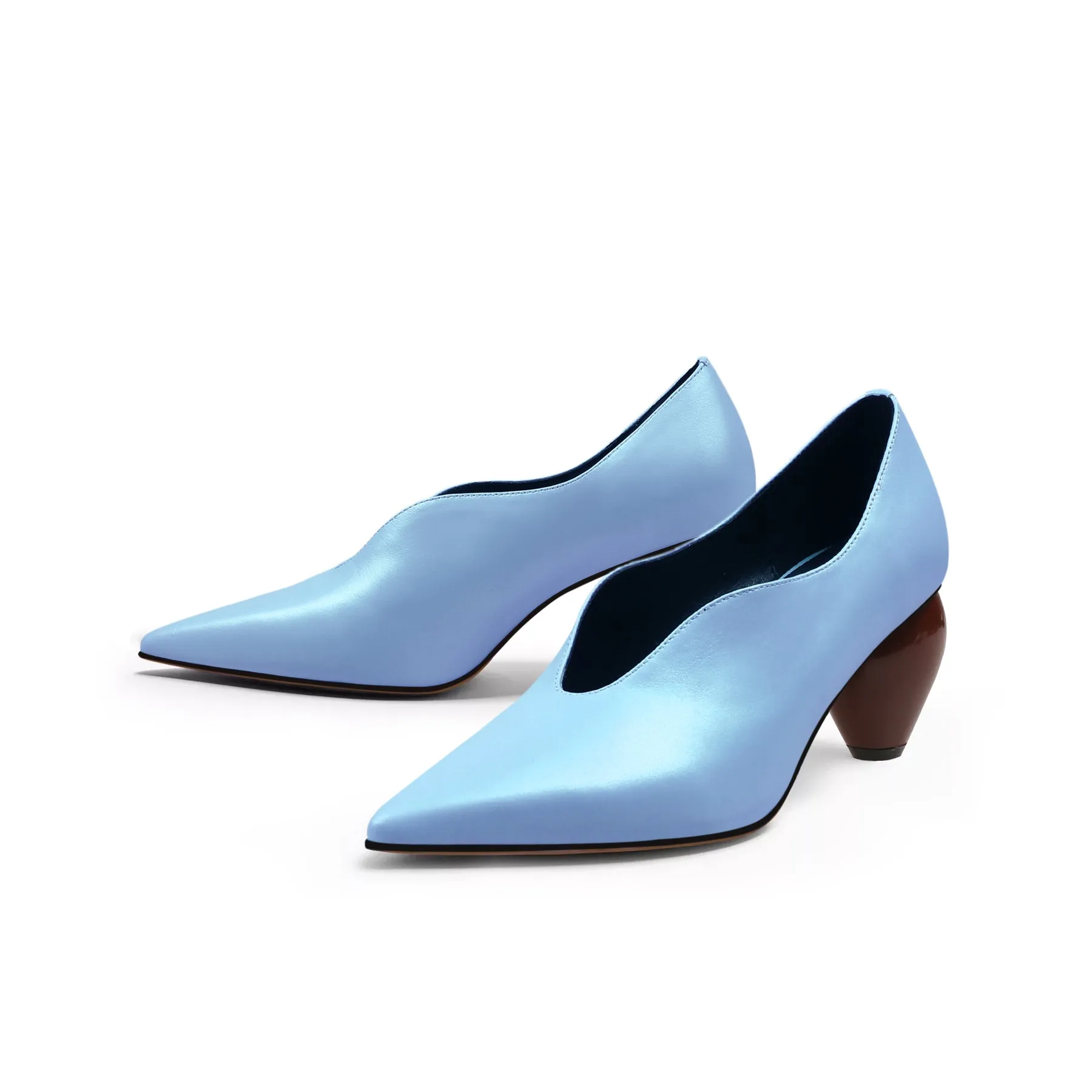 Scalloped Edges-Curve Shaped Leather Pumps - Blue