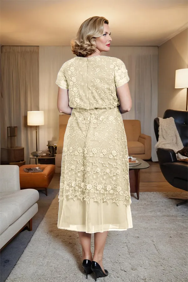 Scoop Neck A Line Tea Length Mother of the Bride Dress