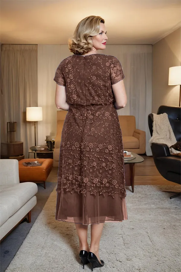 Scoop Neck A Line Tea Length Mother of the Bride Dress