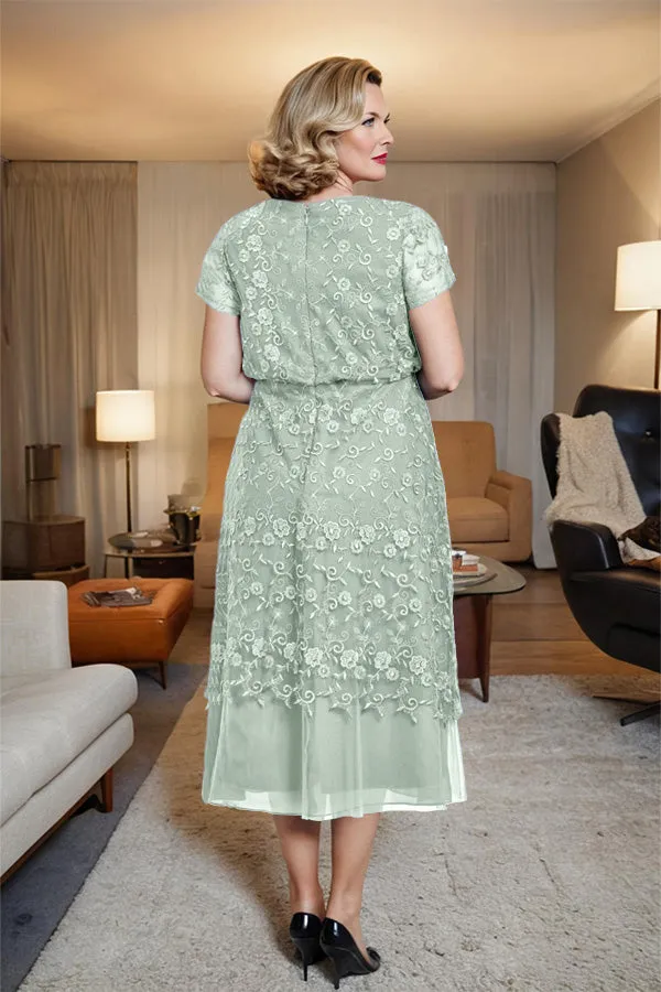 Scoop Neck A Line Tea Length Mother of the Bride Dress