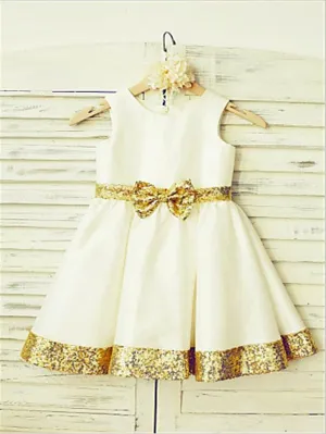 Sequin Satin Princess Sleeveless Flower Girl Dresses Tea Length Dress