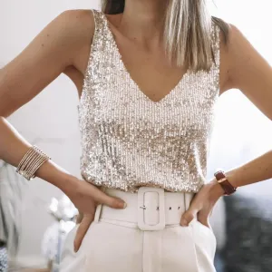 Sequin Shimmer Top with V-Neck