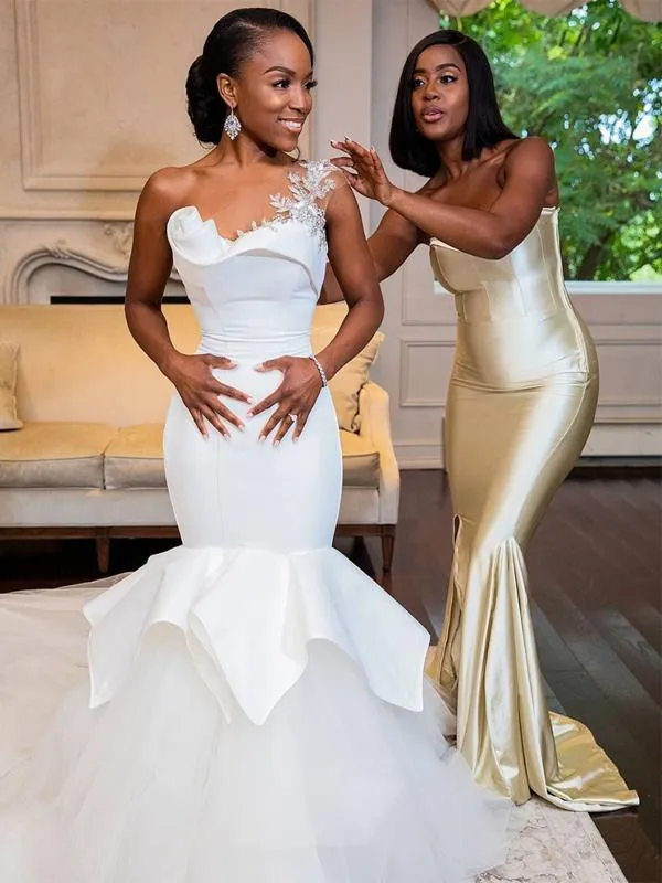 Sexy Gold Simple Mermaid Long Bridesmaid Dresses, BDS0132