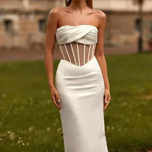 Sexy White Prom Dresses Strapless Illusion Tulle Sleeveless Cocktail Dress Back Slit Evening Gown For Woman Vestido Festa Noche