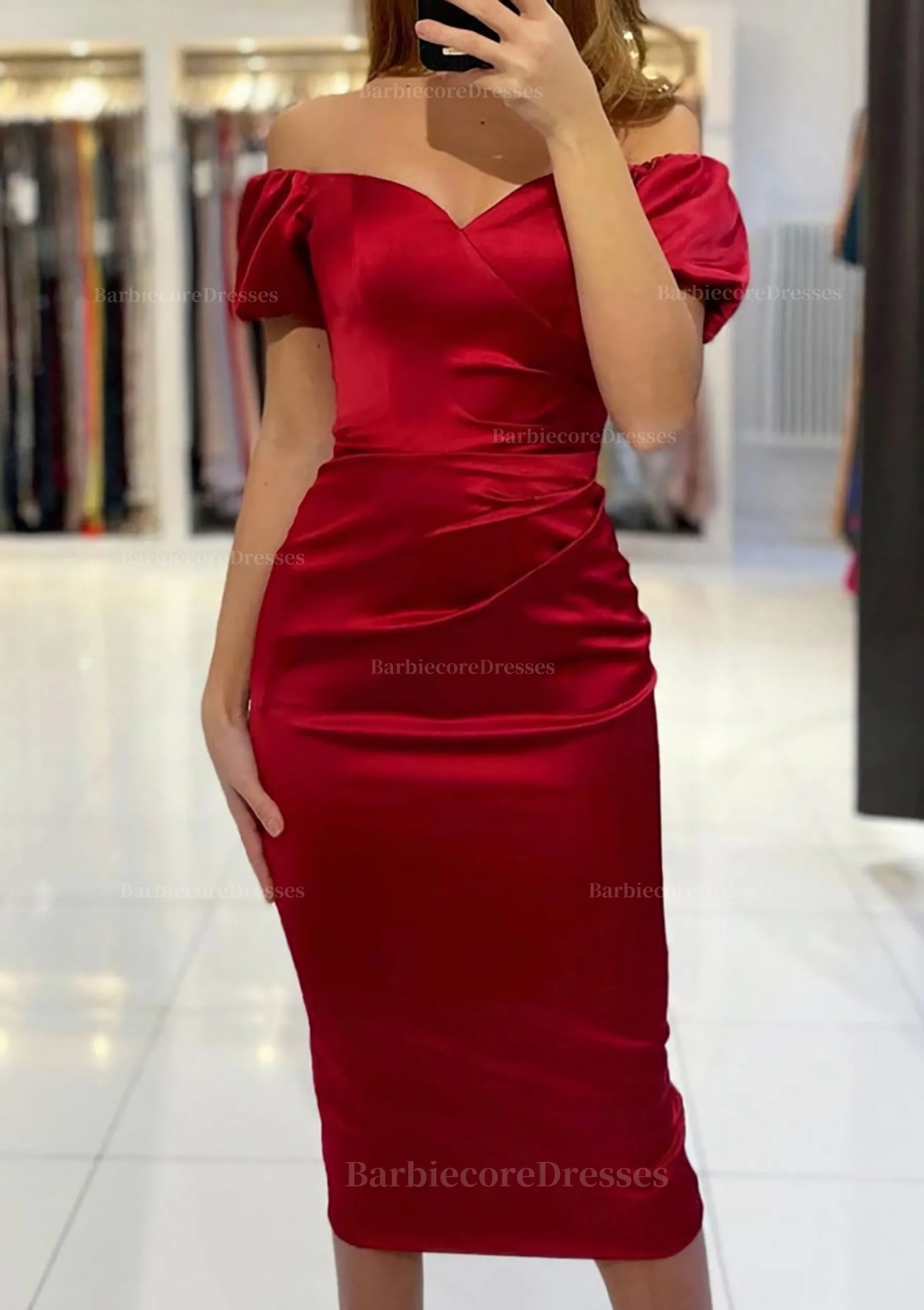 Sheath/Column Off-the-Shoulder Short Sleeve Tea-Length Satin Prom Dress With Pleated