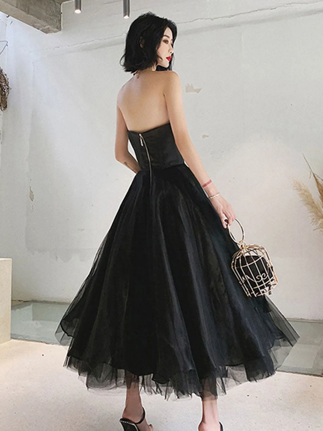 Simple black tulle tea length prom dress, black evening dress
