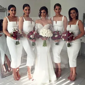 Simple Cheap Unique White Off Shoulder Straight V Neck Sexy Tea Length Bridesmaid Dresses, WG126