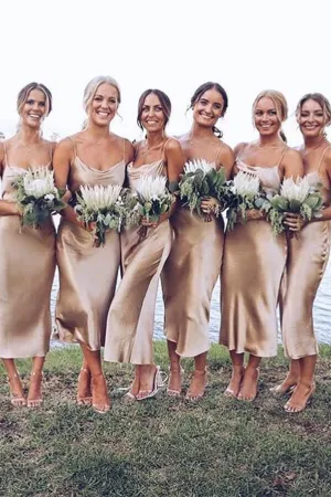 Simple Taffeta Spaghetti Straps Sheath Tea Length Bridesmaid Dresses, MBD142