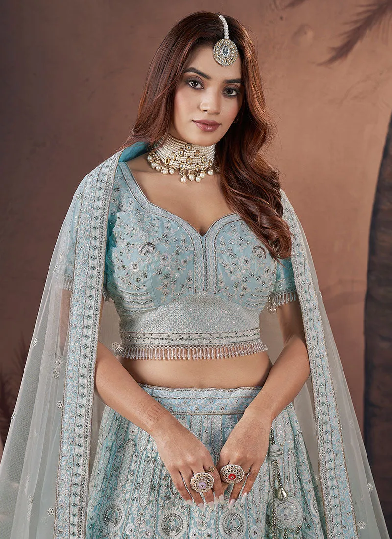 Sky Blue Multi Embroidery Wedding Lehenga Choli And Dupatta