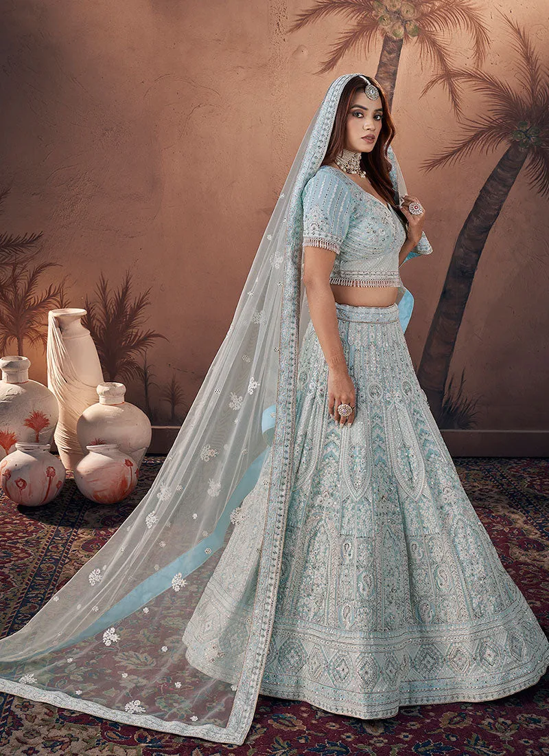 Sky Blue Multi Embroidery Wedding Lehenga Choli And Dupatta