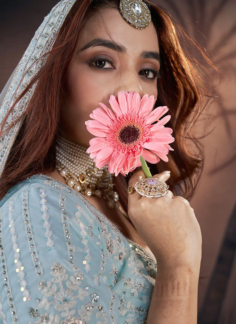 Sky Blue Multi Embroidery Wedding Lehenga Choli And Dupatta