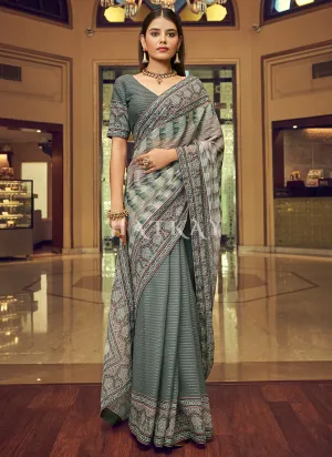 Slate Grey Sequence Printed Georgette Saree